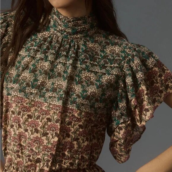 014 Anthropologie Let Me Be High Neck Printed Peasant Blouse NWOT Size XXS - Picture 5 of 14
